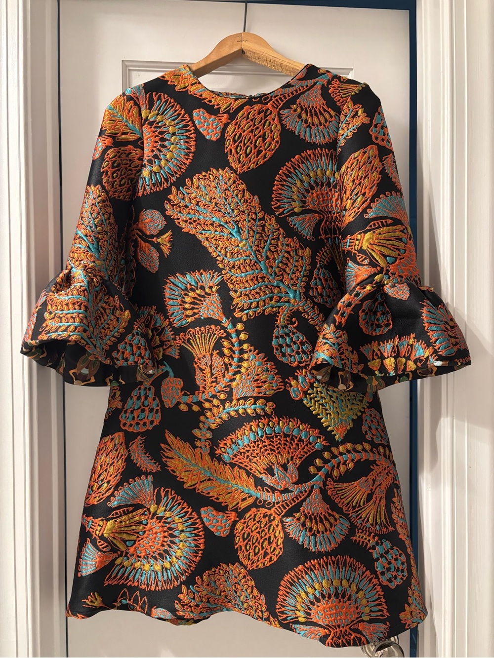 LA DoubleJ Black Shift Dress with Vibrant Orange & Teal Floral Jacquard